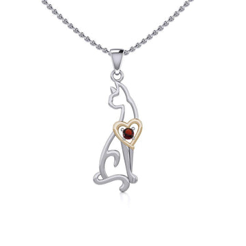 Lovely Heart Cat Silver and Gold Pendant with Gem MPD5273 - Jewelry